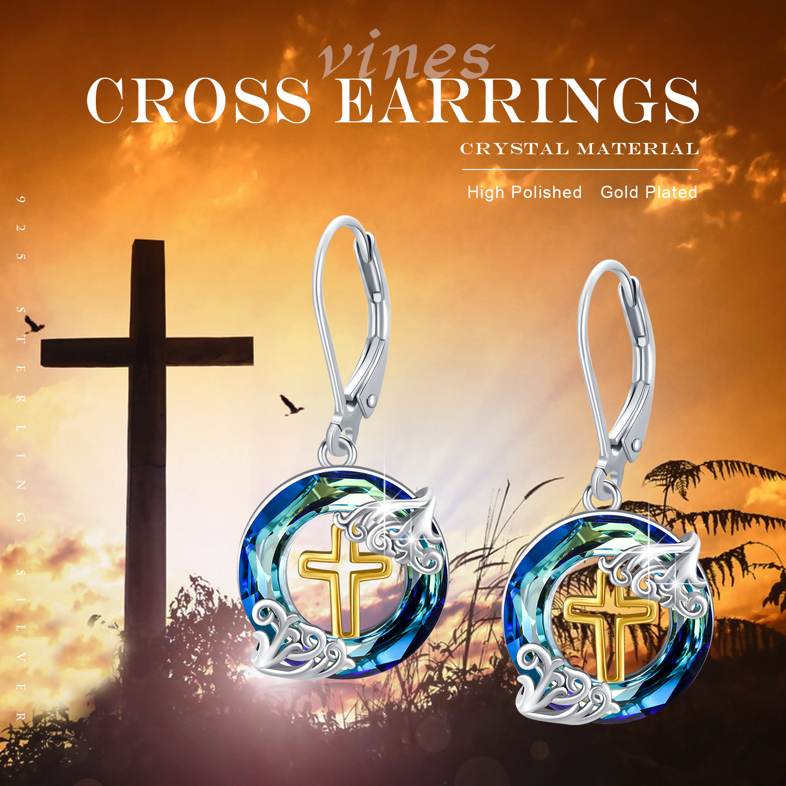 Women's 925 Sterling Silver Cross Faux Crystal Drop Earrings, Gift for Her